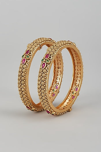 Gold Finish Multi-Colored Stone & Kundan Polki Temple Bangles (Set of 2)