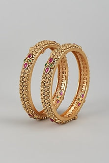 Gold Finish Multi-Colored Stone & Kundan Polki Temple Bangles (Set of 2)