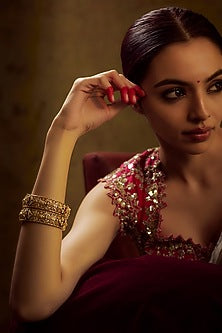 Gold Finish Multi-Colored Stone & Kundan Polki Temple Bangles (Set of 2)