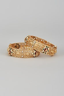Gold Finish Multi-Colored Stone & Kundan Polki Temple Bangles (Set of 2)