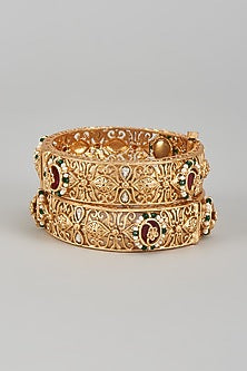 Gold Finish Multi-Colored Stone & Kundan Polki Temple Bangles (Set of 2)