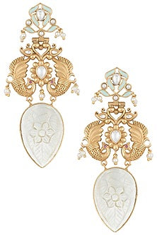 Gold Finish Kundan Polki & Mother Of Pearl Enameled Peacock Earrings