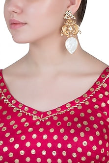 Gold Finish Kundan Polki & Mother Of Pearl Enameled Peacock Earrings