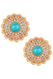 Gold Finish Turquoise Stone & Pearl Beaded Stud Earrings