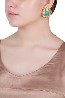 Gold Finish Turquoise Stone & Pearl Beaded Stud Earrings