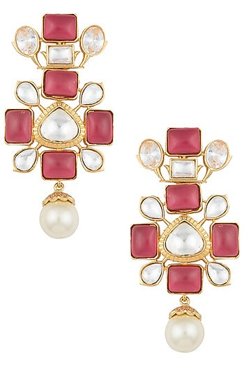Gold Finish Ruby Stone & Kundan Polki Earrings
