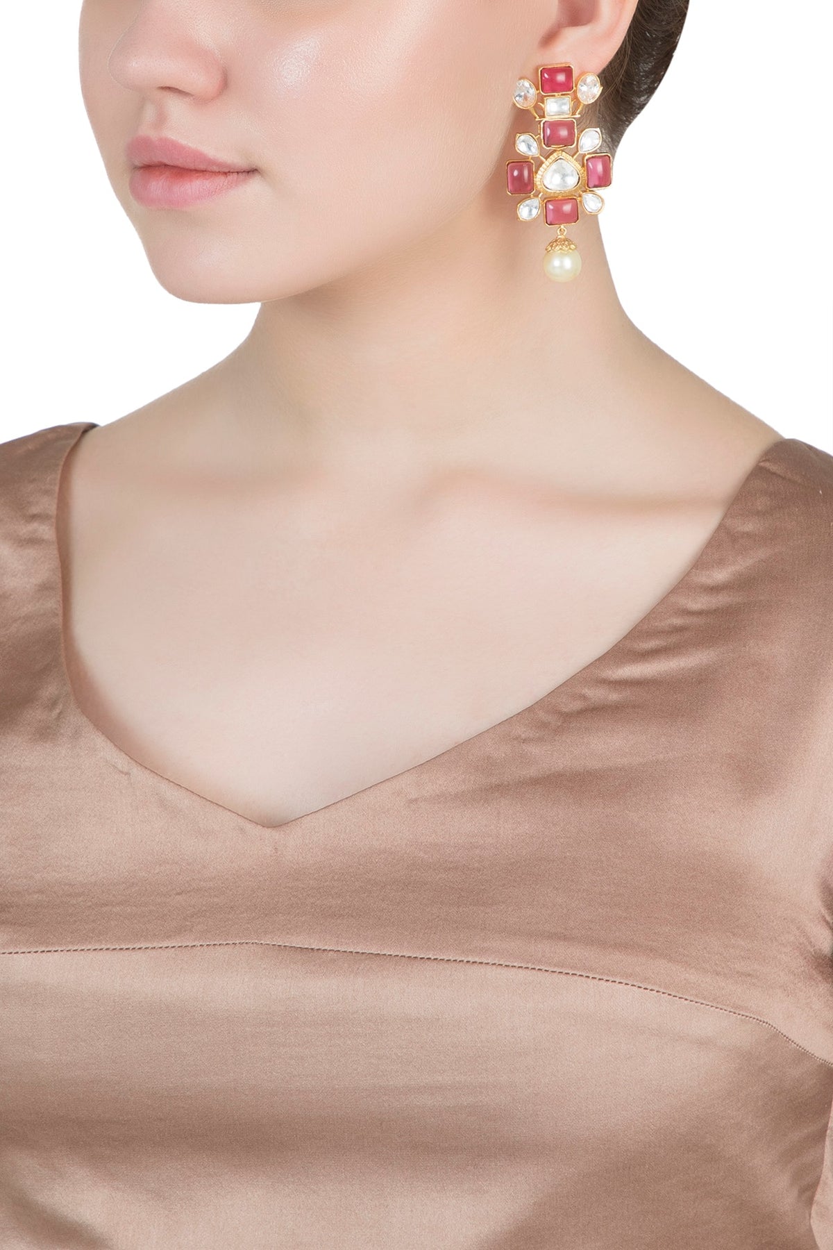 Gold Finish Ruby Stone & Kundan Polki Earrings