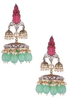 Antique Gold Finish Carved Stone Jhumka Earrings