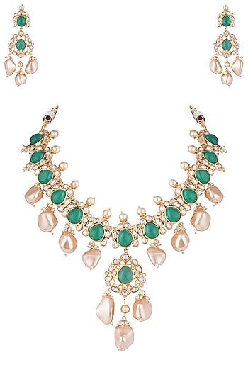 Gold Finish Faux Emerald & Kundan Polki Necklace Set