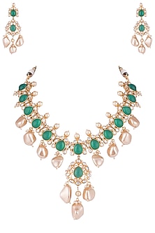 Gold Finish Faux Emerald & Kundan Polki Necklace Set