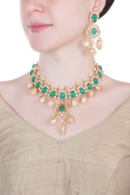 Gold Finish Faux Emerald & Kundan Polki Necklace Set