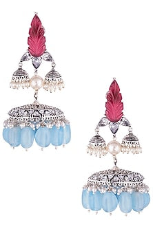 Antique Silver Finish Carved Stone Jhumka Earrings