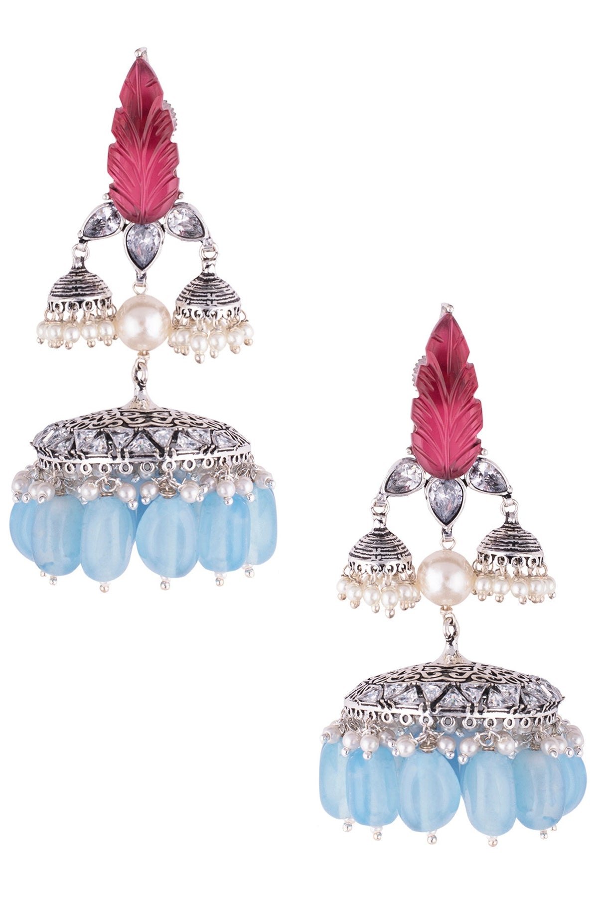 Antique Silver Finish Carved Stone Jhumka Earrings