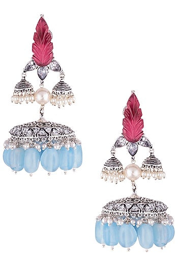 Antique Silver Finish Carved Stone Jhumka Earrings