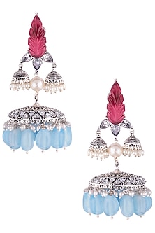 Antique Silver Finish Carved Stone Jhumka Earrings