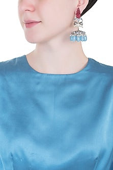 Antique Silver Finish Carved Stone Jhumka Earrings