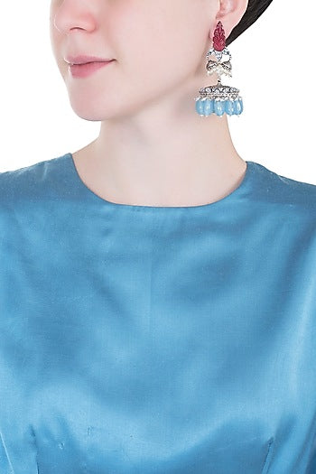 Antique Silver Finish Carved Stone Jhumka Earrings