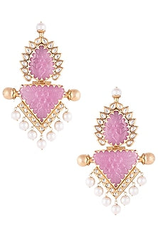 Gold Finish Faux Rose Quartz & Pearl Earrings