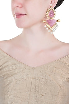 Gold Finish Faux Rose Quartz & Pearl Earrings