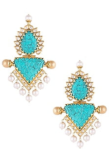 Gold Finish Turquoise Stone & Pearl Earrings
