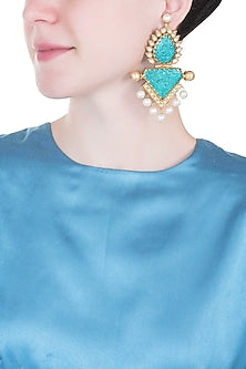Gold Finish Turquoise Stone & Pearl Earrings