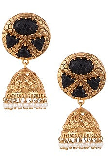 Gold Finish Smoky Quartz & Pearl Jhumka Earrings