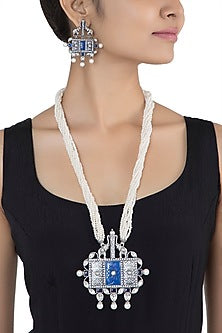 Antique Silver Finish Lapis Lazuli & Kundan Polki Necklace Set