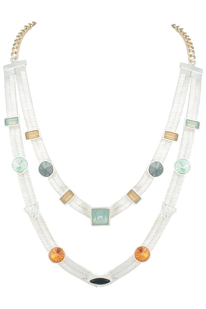Silver plated multi colored layered necklace