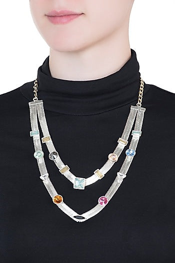 Silver plated multi colored layered necklace