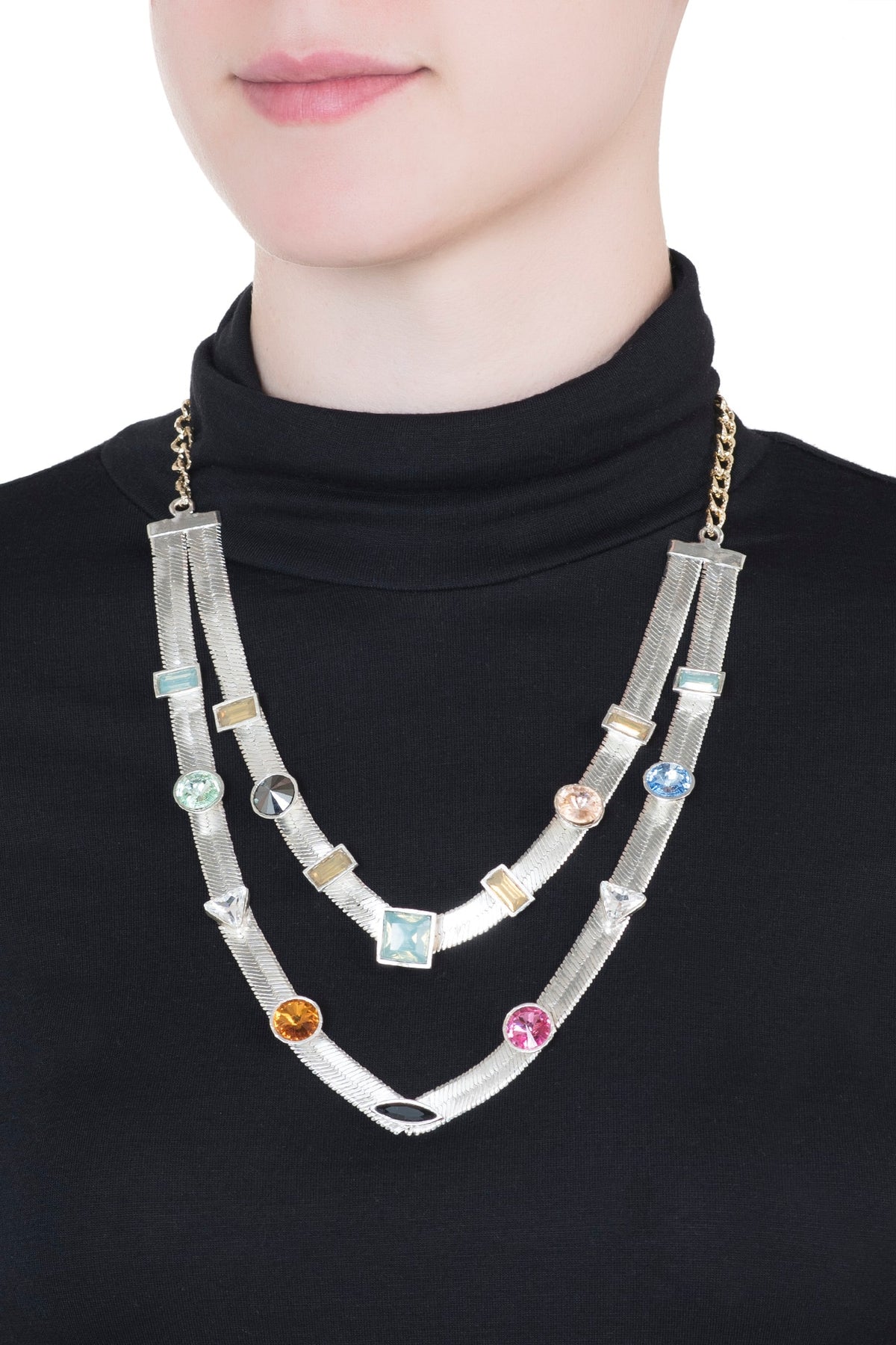 Silver plated multi colored layered necklace