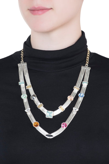 Silver plated multi colored layered necklace