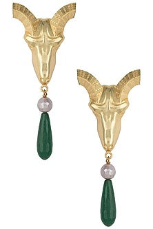 Gold plated ram head green stone earrings