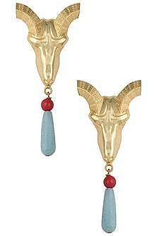 Gold plated ram head blue stone earrings