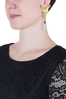 Gold plated ram head blue stone earrings