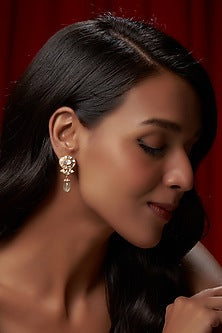 Gold Finish Fluorite Stone & Pearl Dangler Earrings In Sterling Silver