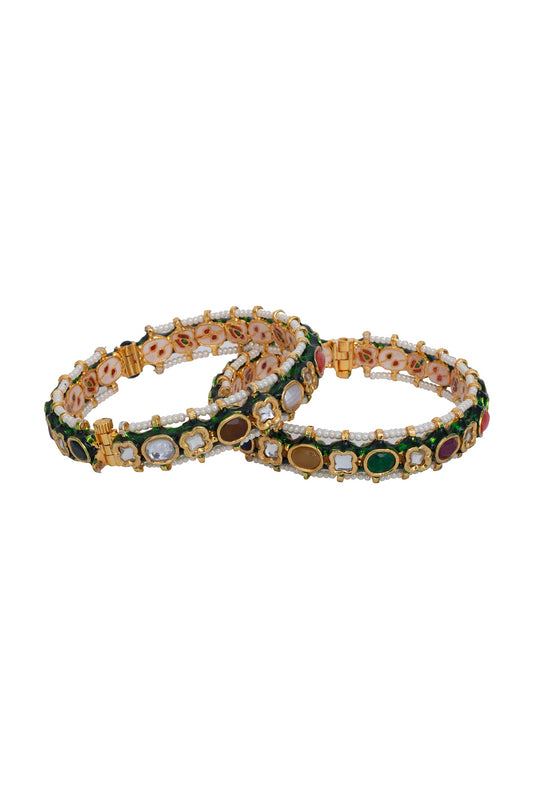 Gold Finish Kundan Polki & Multi-Colored Stone Bangles (Set Of 2)