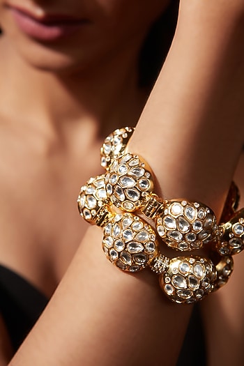Gold Finish Kundan Polki & Gemstone Bangles (Set Of 2)
