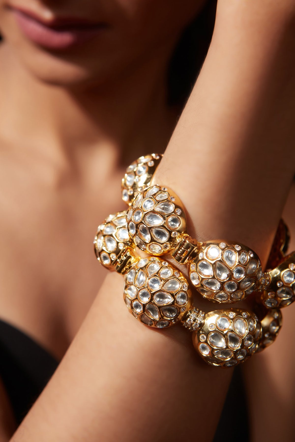 Gold Finish Kundan Polki & Gemstone Bangles (Set Of 2)