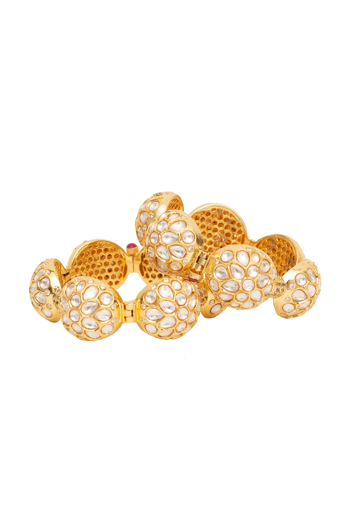 Gold Finish Kundan Polki & Gemstone Bangles (Set Of 2)