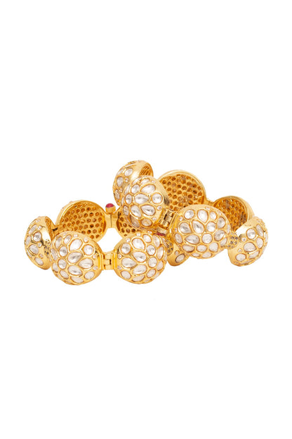 Gold Finish Kundan Polki & Gemstone Bangles (Set Of 2)
