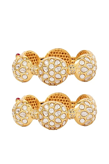 Gold Finish Kundan Polki & Gemstone Bangles (Set Of 2)