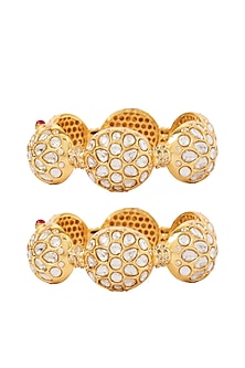 Gold Finish Kundan Polki & Gemstone Bangles (Set Of 2)