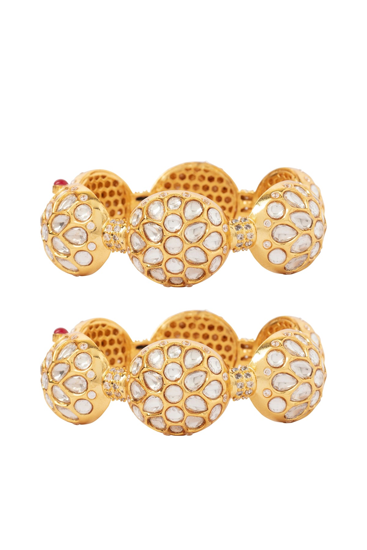 Gold Finish Kundan Polki & Gemstone Bangles (Set Of 2)