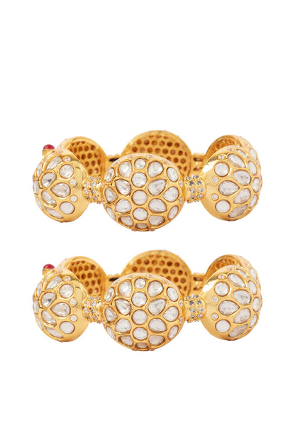 Gold Finish Kundan Polki & Gemstone Bangles (Set Of 2)