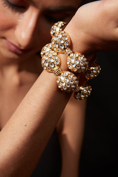 Gold Finish Kundan Polki & Gemstone Bangles (Set Of 2)