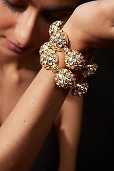 Gold Finish Kundan Polki & Gemstone Bangles (Set Of 2)