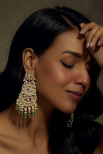 Gold Finish Kundan Polki & Green Stone Dangler Earrings