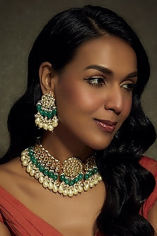 Gold Finish Kundan Polki & Green Beaded Choker Necklace Set