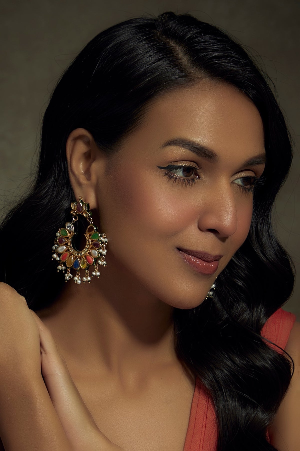 Gold Finish Multi-Colored Stone Chandbali Earrings