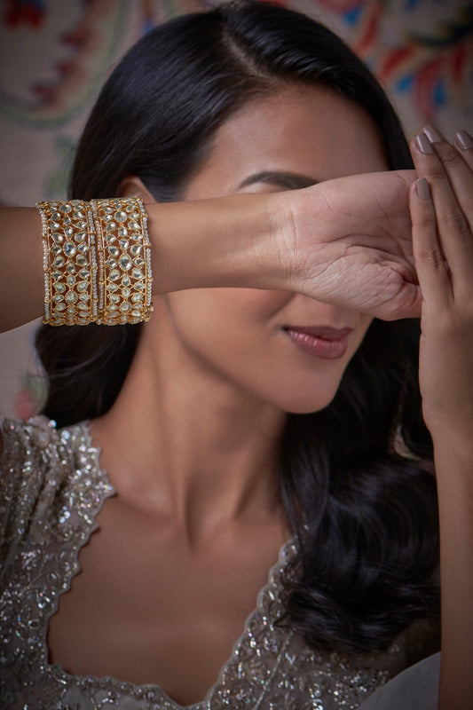 Gold Finish Kundan Polki Bangles (Set Of 2)